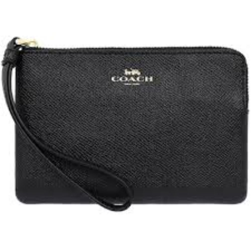 Coach Corner In Crossgrain Black Leather Wristlet